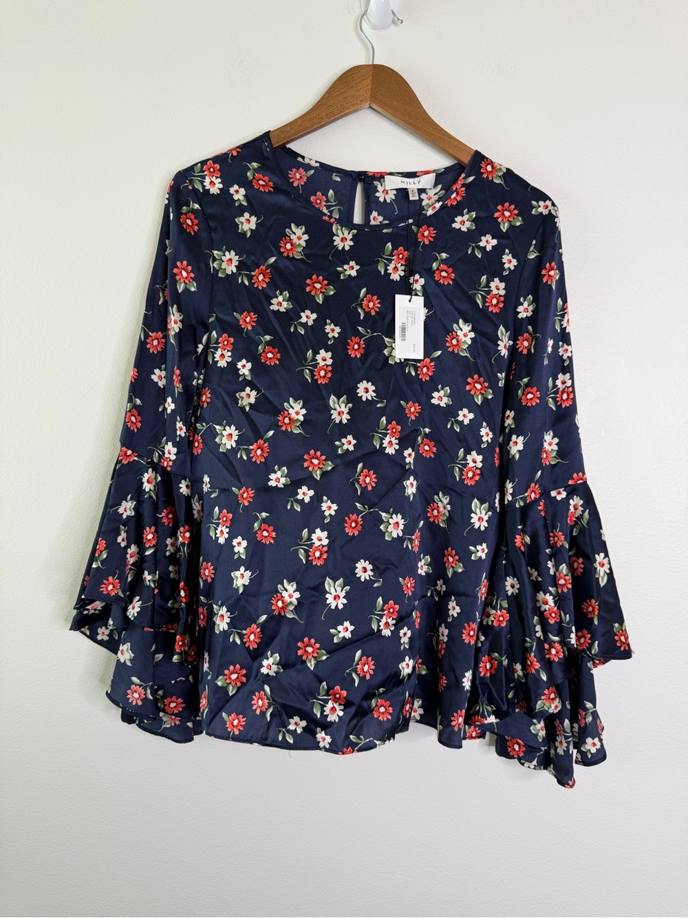NWT Milly Silk Floral Bell Sleeve Blouse Sz 6 Coquette Designer Top Retail $325 - Picture 2 of 11
